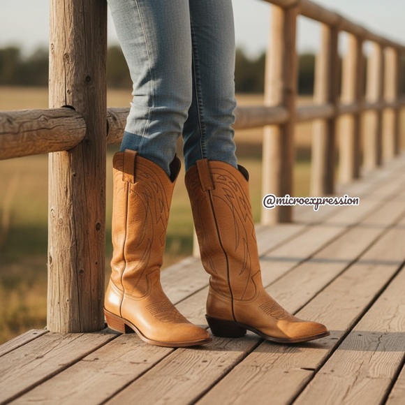 $399 Frye Billy Pull On Tan Leather Embroidered Tonal Stitch Tall Cowboy Boots - Picture 2 of 15